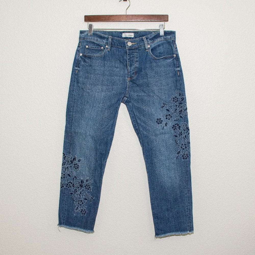 Loft Boyfriend Jeans with Floral Embroidery and Fray Hem